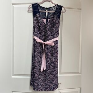 Motherhood Maternity Pink Blue Lace Overlay Sleeveless Ribbon Tie Mini Dress